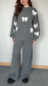 Women Round Neck Bow Print Casual Suit