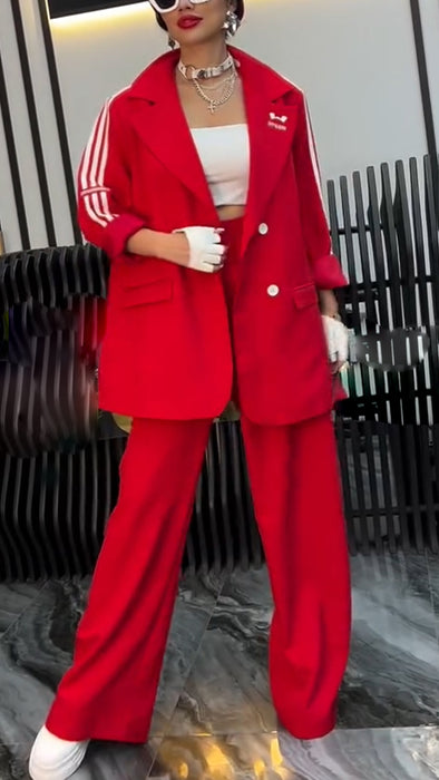 Women Lapel Vertical Striped Jacket + Pants Casual Suit