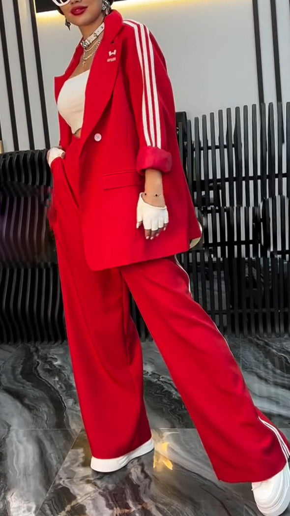 Women Lapel Vertical Striped Jacket + Pants Casual Suit