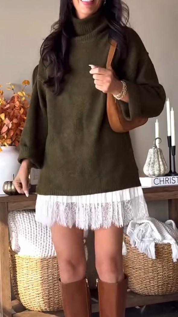 Women Turtleneck Knitted Sweater + Spliced Skirt Casual Set