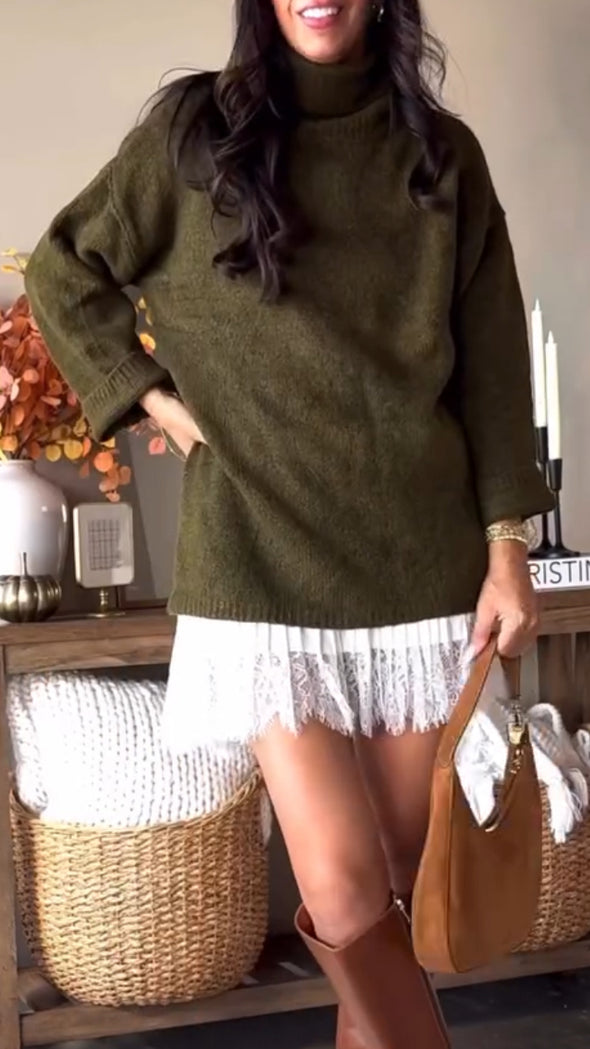 Women Turtleneck Knitted Sweater + Spliced Skirt Casual Set