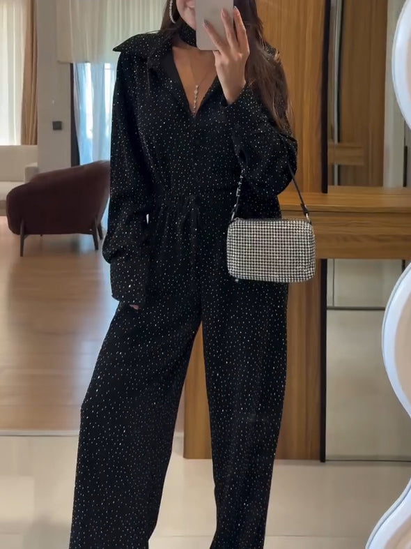 Elegant Hotfix Rhinestone Wide Leg Jumpsuit