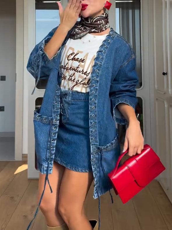 Casual Oversized Braided Tie Waist Denim Jacket