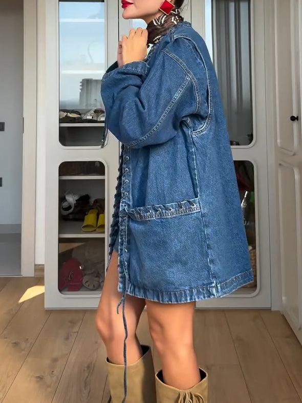 Casual Oversized Braided Tie Waist Denim Jacket