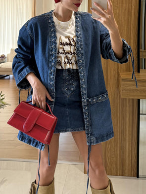 Casual Oversized Braided Tie Waist Denim Jacket