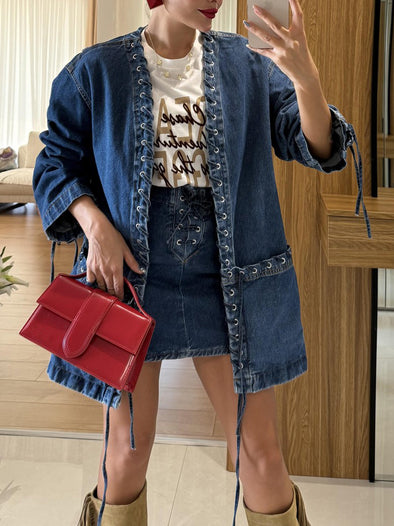 Casual Oversized Braided Tie Waist Denim Jacket