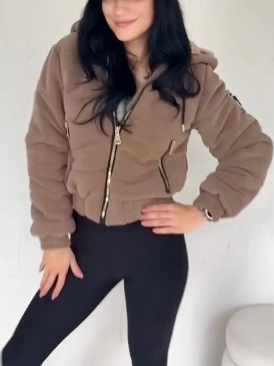 Women Zippered Hooded Casual Cotton Jacket
