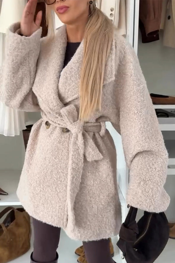 Women Lapel Woolen Solid Color Casual Coat