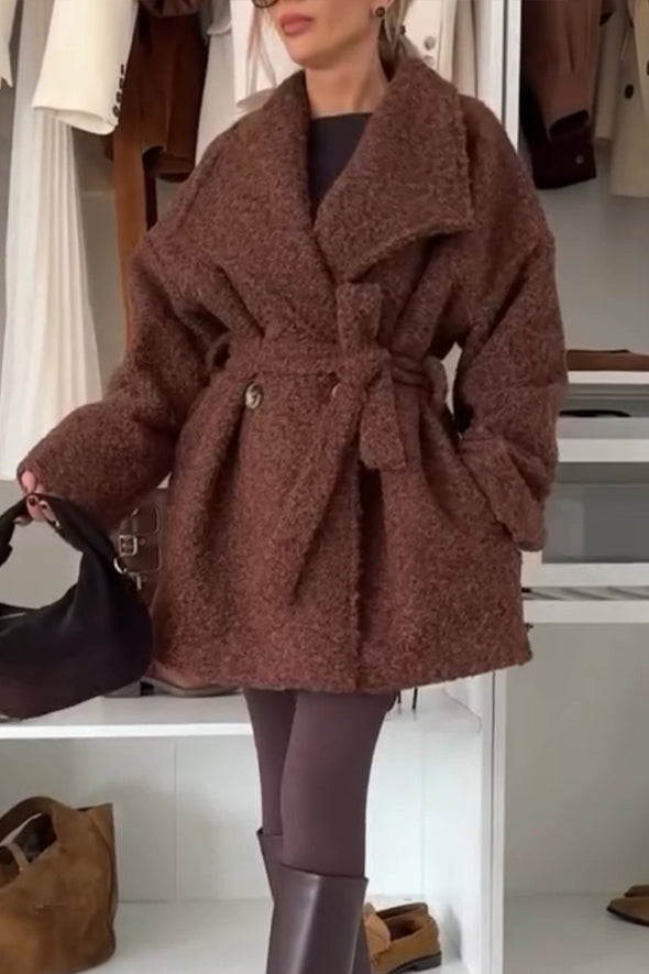 Women Lapel Woolen Solid Color Casual Coat