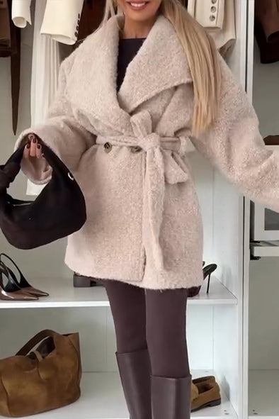 Women Lapel Woolen Solid Color Casual Coat