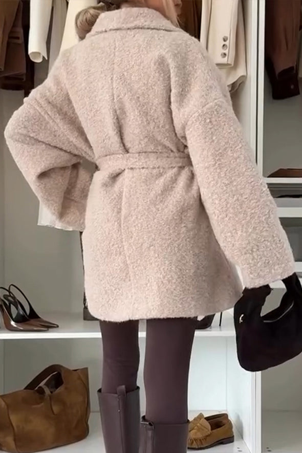 Women Lapel Woolen Solid Color Casual Coat