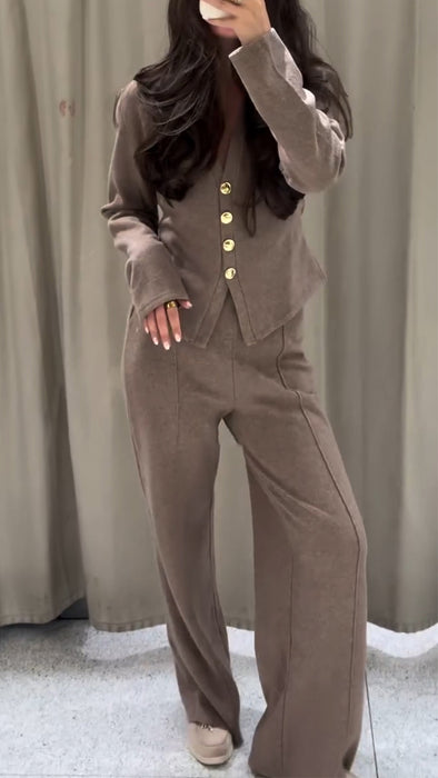 Women V-neck Buttoned Casual Suit