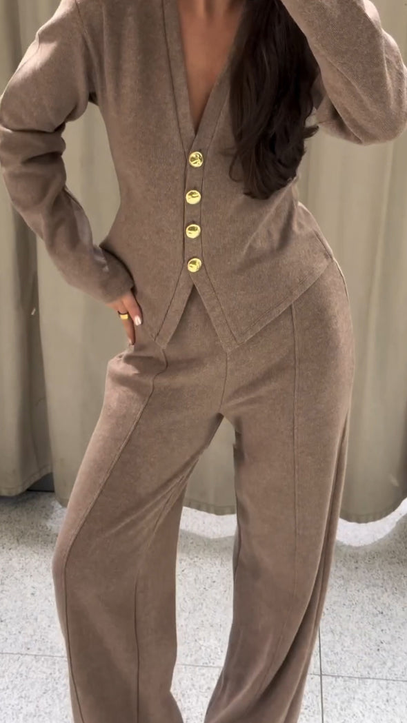 Women V-neck Buttoned Casual Suit