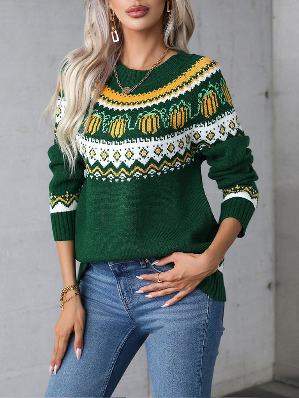 Ladies Round Neck Printed Casual Sweater