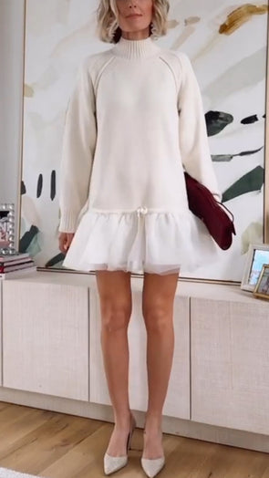 Women High-neck Knitted Patchwork Elegant Casual Dress