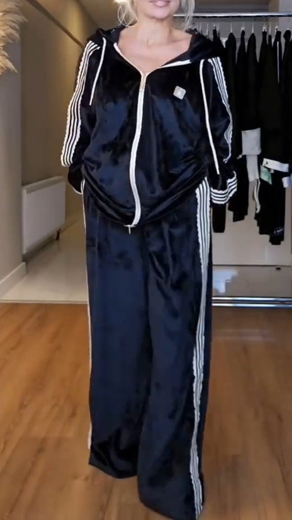 Women Hooded Vertical Striped Casual Suit