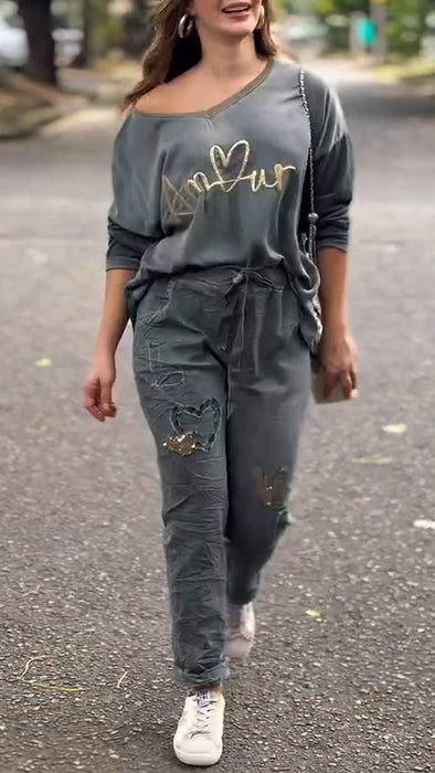 Women Round Neck Printed Top + Pants Casual Suit