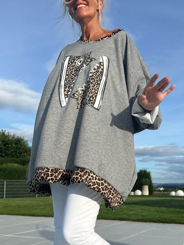 Women Round Neck Leopard Print Loose Casual Top