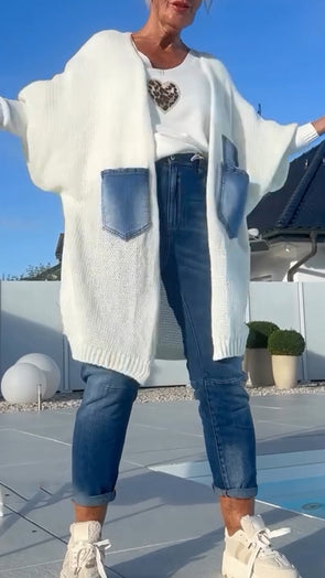Women Patchwork Denim Pocket Casual Knitted Cardigan