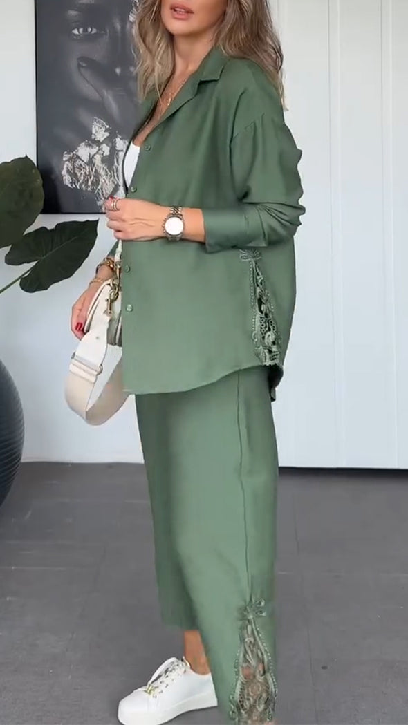 Women Lapel Side Printed Hollow Casual Suit