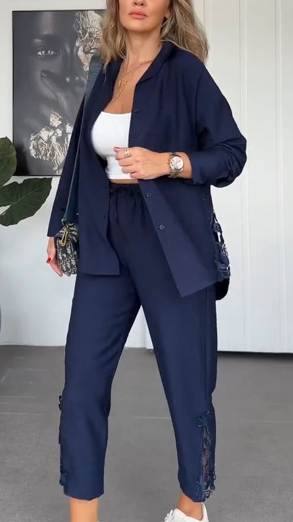 Women Lapel Side Printed Hollow Casual Suit