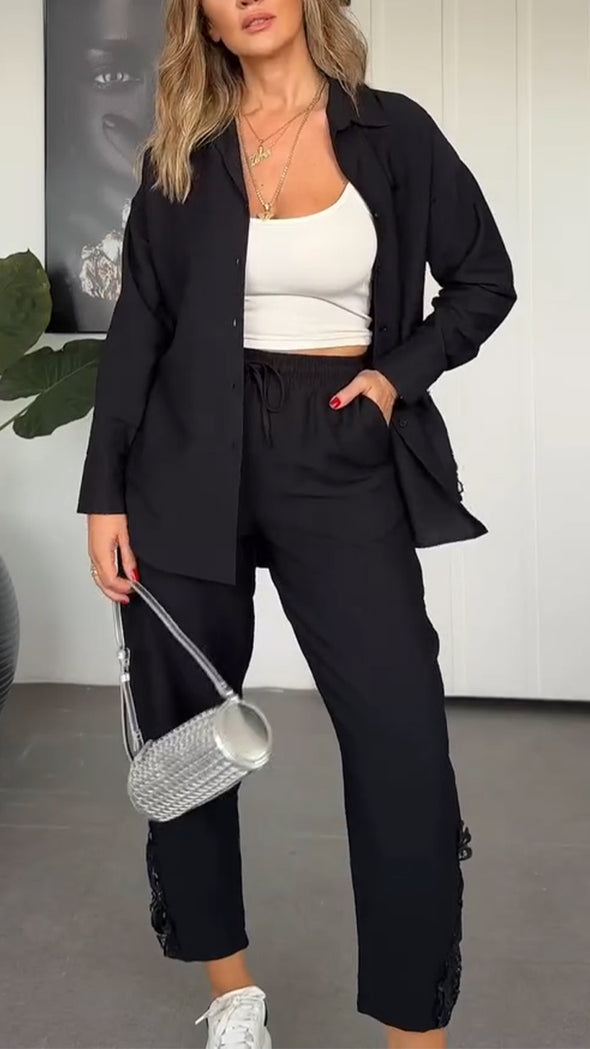 Women Lapel Side Printed Hollow Casual Suit