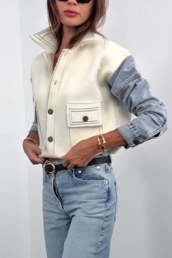 Women Lapel Patchwork Denim Casual Jacket
