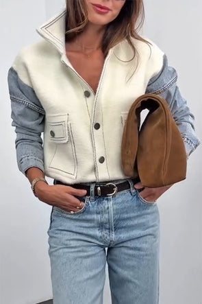 Women Lapel Patchwork Denim Casual Jacket