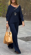 Women Round Neck Solid Color Casual Suit