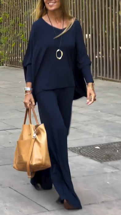 Women Round Neck Solid Color Casual Suit