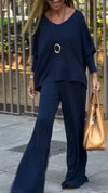 Women Round Neck Solid Color Casual Suit