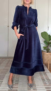 Women Round Neck Half Zip Waist Casual Dress