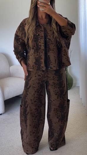 Ladies Round-neck Printed Jacket + Pants Temperament and Casual Set