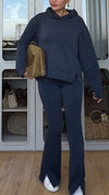 Ladies Round-neck Hooded Sweater + Pants Pure Color Casual Set