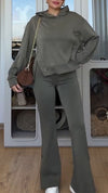 Ladies Round-neck Hooded Sweater + Pants Pure Color Casual Set