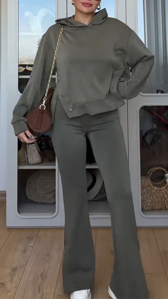 Ladies Round-neck Hooded Sweater + Pants Pure Color Casual Set