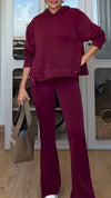 Ladies Round-neck Hooded Sweater + Pants Pure Color Casual Set