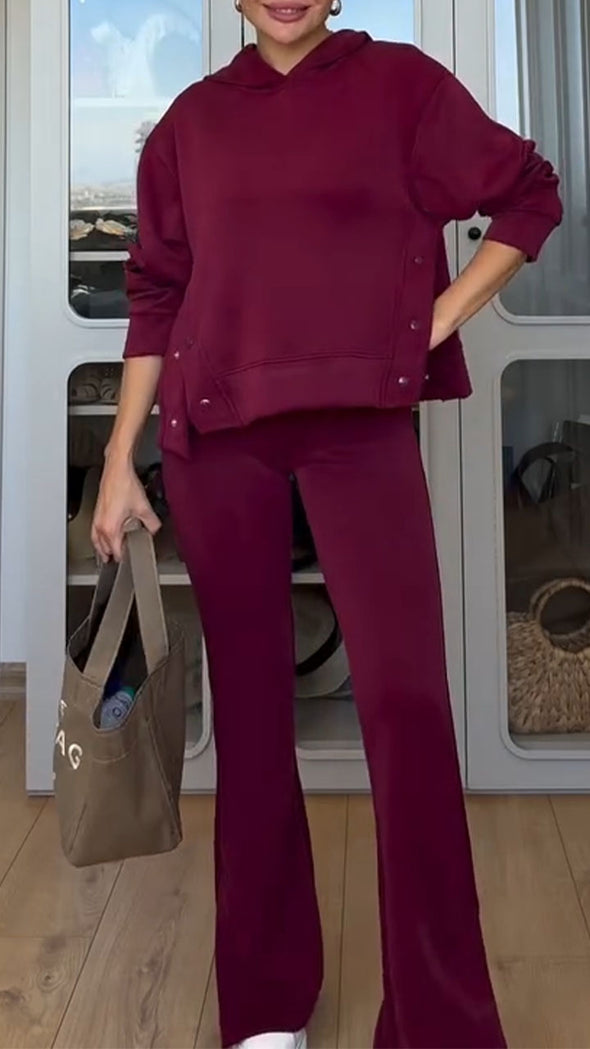 Ladies Round-neck Hooded Sweater + Pants Pure Color Casual Set