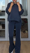 Ladies Round-neck Hooded Sweater + Pants Pure Color Casual Set