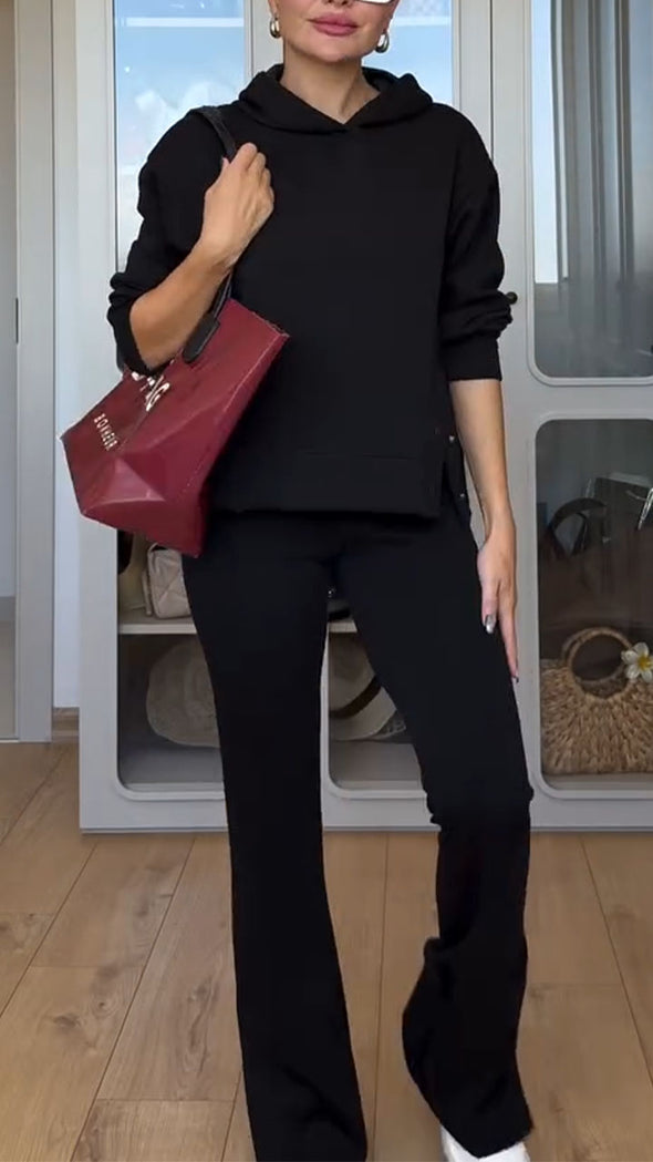 Ladies Round-neck Hooded Sweater + Pants Pure Color Casual Set