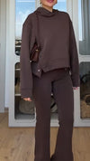 Ladies Round-neck Hooded Sweater + Pants Pure Color Casual Set