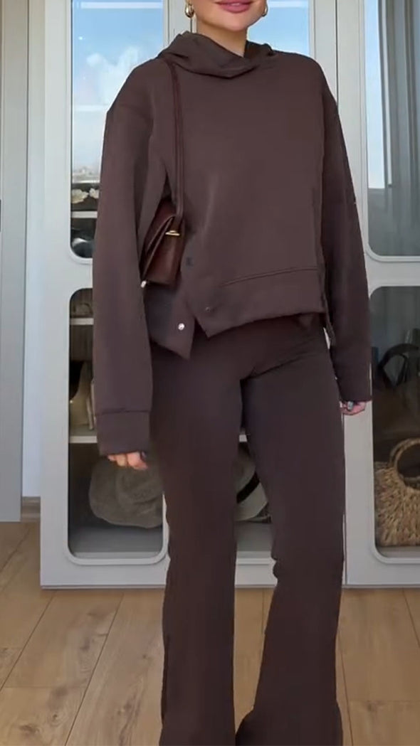 Ladies Round-neck Hooded Sweater + Pants Pure Color Casual Set