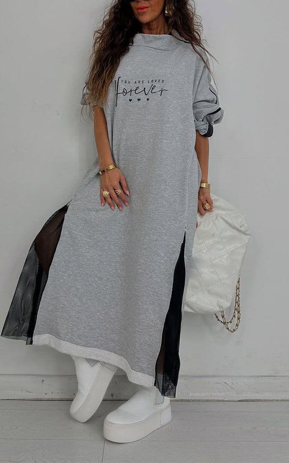 Women Round-neck Stitched Mesh Zipper Casual Dress