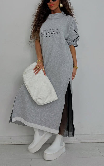 Women Round-neck Stitched Mesh Zipper Casual Dress