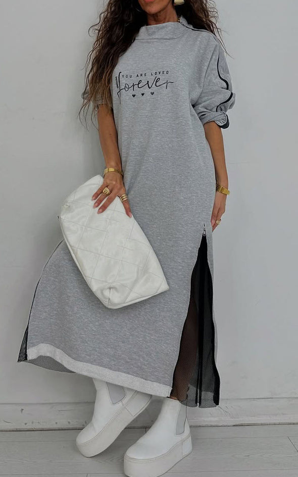 Women Round-neck Stitched Mesh Zipper Casual Dress