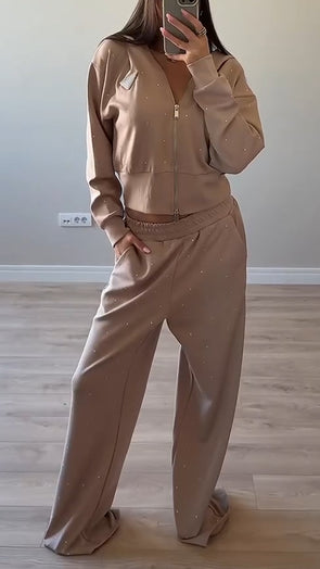 Ladies Round Neck Hooded Rhinestone Jacket+ Pants Casual Set