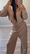 Ladies Round Neck Hooded Rhinestone Jacket+ Pants Casual Set
