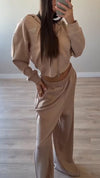 Ladies Round Neck Hooded Rhinestone Jacket+ Pants Casual Set