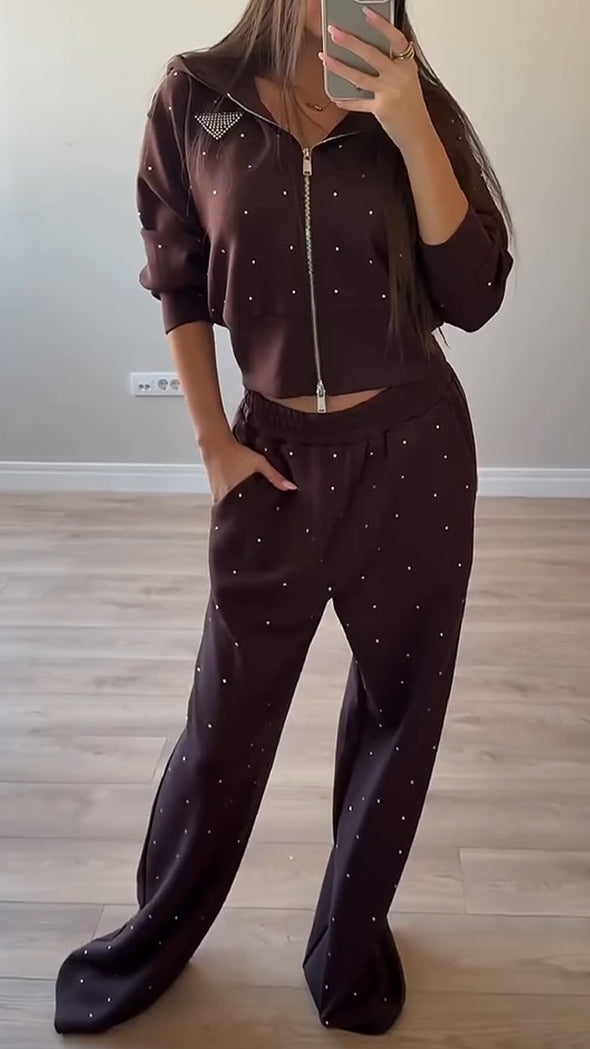 Ladies Round Neck Hooded Rhinestone Jacket+ Pants Casual Set