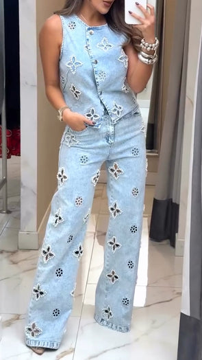 Ladies Round Neck Printed Hollow Nail Bead Denim Casual Set